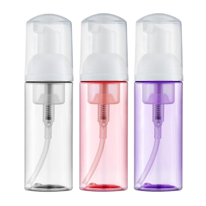 Tekson Soap Foam Bottle (60ml, 2 fl oz), Empty Travel Foaming Lash Shampoo for Cleanser, Dispenser (Clear, Pink, Purple)