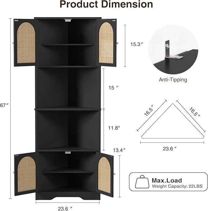 67''H Tall Corner Cabinet with Handmade Rattan Door, Rattan Storage Cabinet with Adjustable Shelves, Corner Bookshelf Space Saver for Barthroom, Kitchen, Living Room, Black