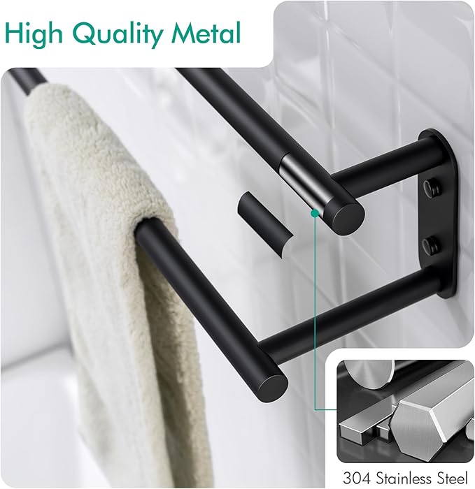 BAGNOLUX Double Towel Bar, SUS304 Towel Racks for Bathroom Wall Mounted 2-Tiers Ladder Towel Rails, Space Saving Bathroom Towel Holder Shelves Rack, Long Towel Hanger (24“-Round-Matte Black)
