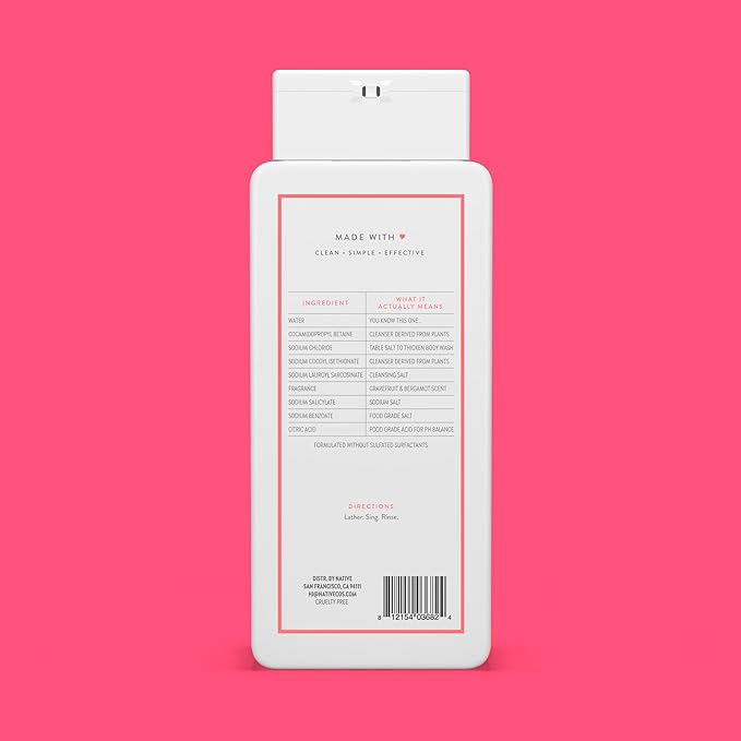 Native Body Wash Contains Naturally Derived Ingredients | For Women & Men, Sulfate, Paraben, & Dye Free Leaving Skin Soft and Hydrating | Grapefruit & Bergamot 18 oz - 2 Pk
