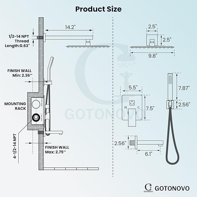 gotonovo Shower System with Tub Spout Wall Mounted Rain Shower Head and Handle Combo Shower Faucet Set with Valve, 10 Inch, Brushed Gold