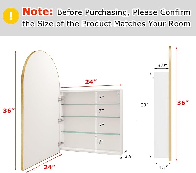 FKWin Gold Bathroom Medicine Cabinet for Left or Right Opening, Surface Mount Medicine Cabinet not Recessed, Modern Vanity Bathroom Mirror with Storage, Gold, 24x36 inch