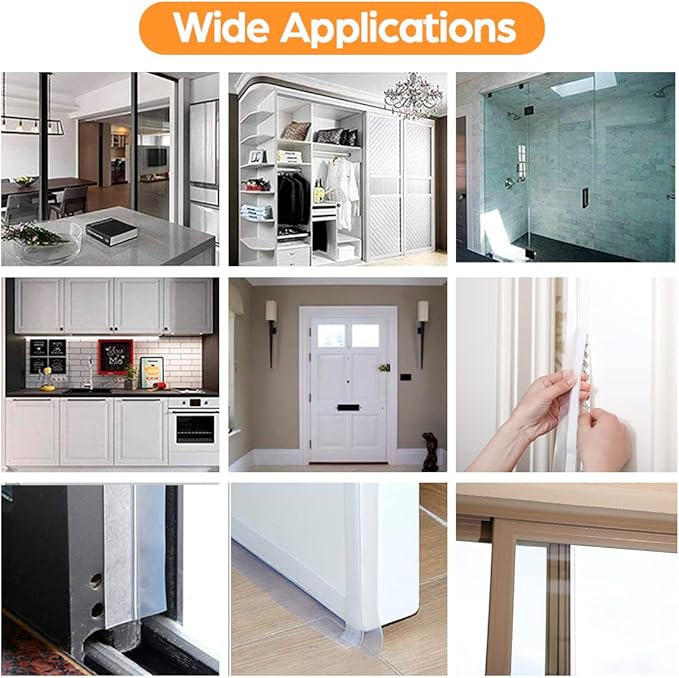 33.5 FT Weather Stripping Door Seal Strip,Shower Door Bottom Seal,Self Adhesive Door Insulation Strip for Door Frame,Windows and Shower Glass Gaps (Transparent, 25+35mm)