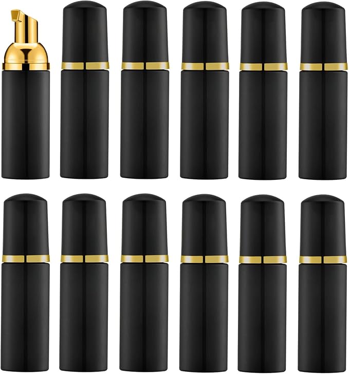 2 Oz Empty Foam Pump Bottle (12PCS) Travel Foaming Soap Dispenser for Hand Soap, Lash Shampoo Cleanser(Black&Gold Pump&Black Cap)