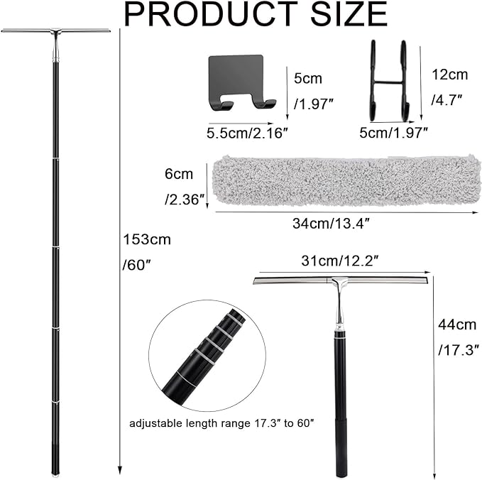 Window Squeegee with Extension Pole, 17.3″-60″ Telescopic Shower Squeegee for Glass Doors, Outdoor Window Cleaner Tool for Car Windshield Floor Tile Wall