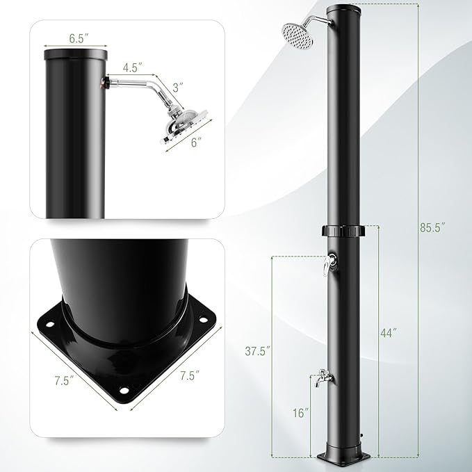 Goplus 10 Gallon Solar Heated Outdoor Shower, 7.2 FT Freestanding Outside Shower with Rotating Shower Head, Temperature Adjustment & Foot Shower, for Backyard Beach Pool Spa (Black)
