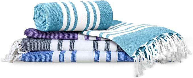 Turkish Cotton Beach Towel Pack of 4 & 1 Boho Tote Bag - Hammam Towels - No Shrink - Quick Dry - Lightweight - Sand Free - Camping - Pool - Beach Essentials - Blue,Gray,Purple, Navy (40"x70")