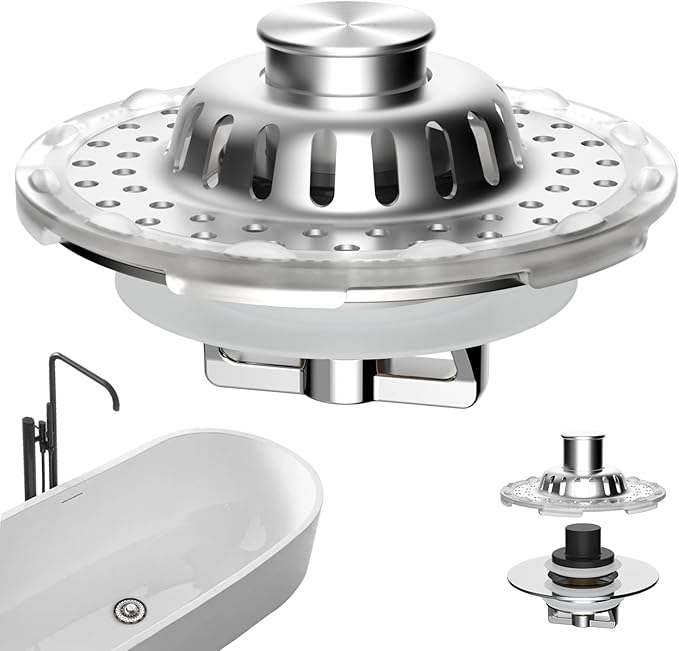 Universal Bathtub Drain Stopper Shower Drain Hair Catcher with Visible Top Strainer, Upgraded 3 in 1 Pop-up Tub Stopper Drain Plug Fit for 1.5 to 2.4" Hole, Stainless Steel Filter Basket