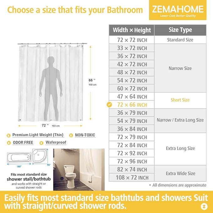 Short Size PEVA Plastic Shower Curtain Liner Premium Light Weight 72" x 66" Clear Bathroom Shower Showroom Curtain Liner with Rustproof Metal Gromments and Weighted Magnet
