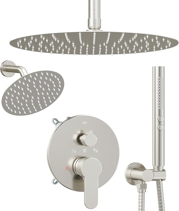 Shower Systems Shower Faucet Sets STARBATH 3 Way 12+6" Round Dual Rainfall Shower Head with Handheld Spray, Ceiling Mounted Rain Shower Valve with 5 Diverter and Trim Kit Complete, Brushed Nickel