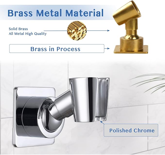 YDmeet Shower Head Holder, Adjustable Handheld Brass Shower Head Bracket, Wall Mount Holder, Drill Free Glue Installation (Polished Chrome)