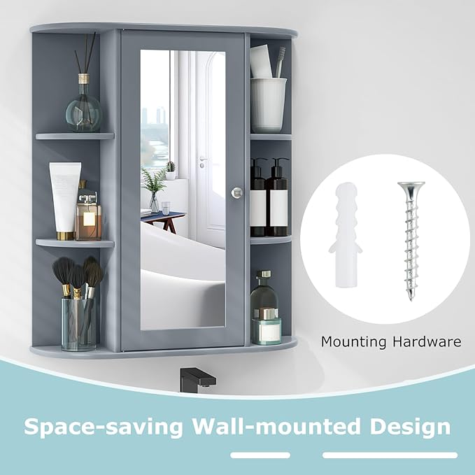 COSTWAY Wall Mounted Bathroom Cabinet - Storage Organizer with Mirror Door, Adjustable Shelves & 6 Open Racks, Space-Saving Hanging Medicine Cabinet for Living Room Kitchen Entryway (Gray)
