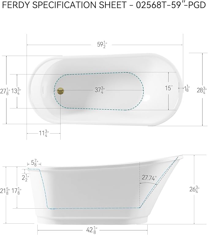 FerdY Langkawi 59" Acrylic Freestanding Bathtub, White Modern Stand Alone Soaking Bathtub, cUPC Certified, Polished Gold Drain and Minimalist Linear Design Overflow Included, Easy to Install