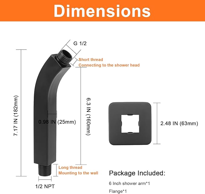 HarJue Shower Arm with Flange and Teflon Tape, Wall Mounted Square Shower Pipe 304 Stainless Steel Extension Arm for Fixed Shower Head & Handheld Shower (6 Inch, Matte Black)