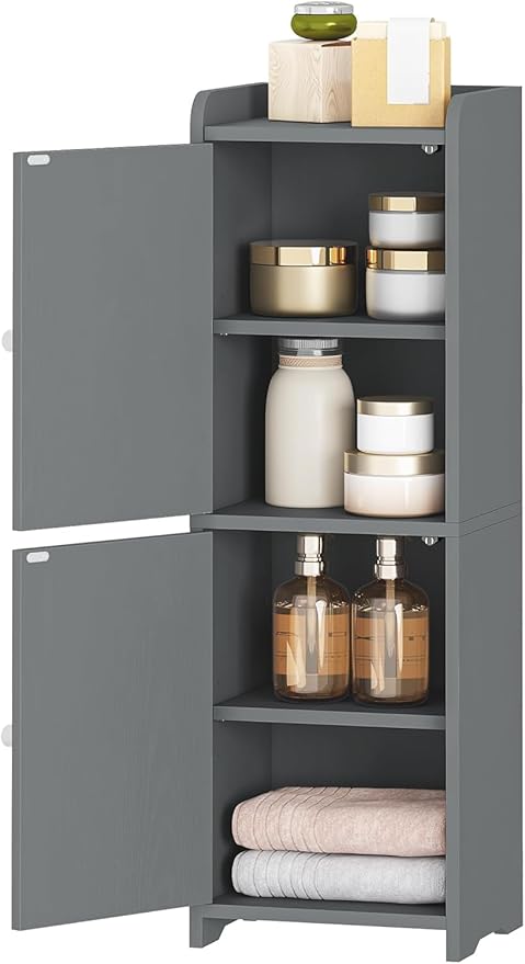 Bathroom Storage Cabinet, Corner Floor Cabinet with 2 Doors and Adjustable Shelf, Narrow Toilet Paper Cabinets, Bathroom Organizer for Small Spaces, 7.9" D x 9.8" W x 29.5" H Gray