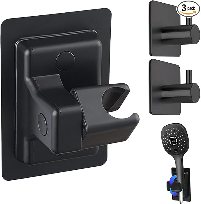 360° Adjustable Shower Head Holder, Handheld Shower Head Holder with Strong Adhesive, Waterproof, No Drill Wall Mount with Adhesive Hooks for Bathrooms, Heavy Duty Hooks for Walls, No Damage