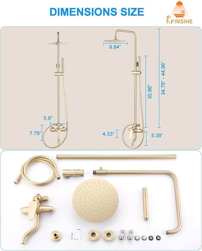 Outdoor Shower Kit Gold, Exposed Shower System with Tub Spout and 10'' Rainfall Shower Head, 3 Functions Handle Shower Faucet Sets with Dial Thermometer Brass Valve, Brushed Gold Finsh