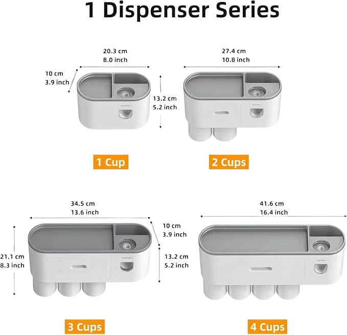 No-Drill Wall Mounted Toothbrush Holder, Bathroom Shelf, with Automatic Toothpaste Dispensers 4 Brush Hooks1 Magnetic Cups 1 Cosmetic Drawer Organizer and Large Storage (1 Dispenser 1 Cup)