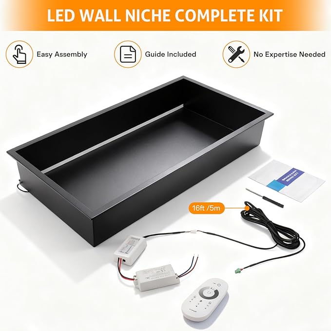 WICHEMI Stainless Steel Shower Niche 24" X 12", No Tile Needed Wall Niche with LED Light, Recessed Shower Shelf for Bathroom Storage Over Mount Installation, Matte Black