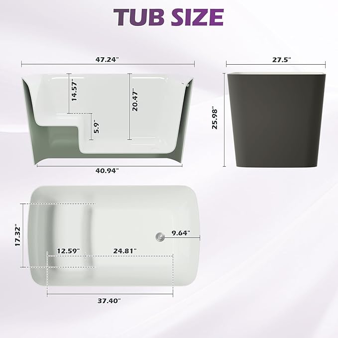 47" Lucite Acrylic Freestanding Bathtub，Square Shape Janpanese Soaking Tub with Seat Desgin,Toe-tap Chrome Right Drain, Slotted Overflow, cUPC Certified, 37° Gray