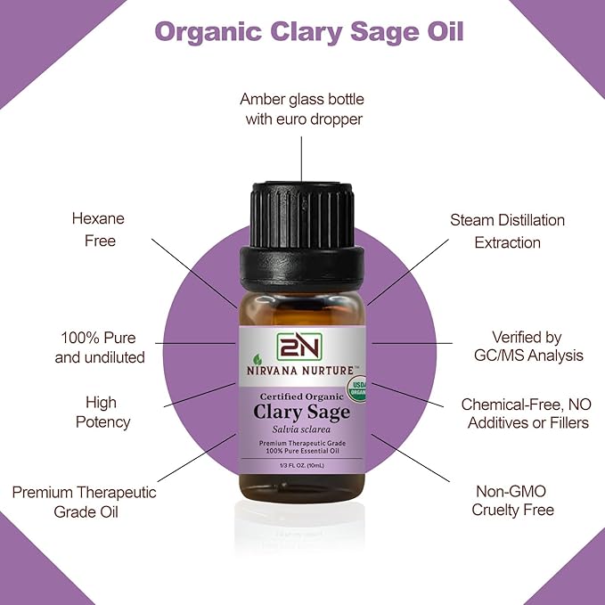 Clary Sage Essential Oil USDA Certified Organic, 100% Pure Natural Premium Grade, Undiluted