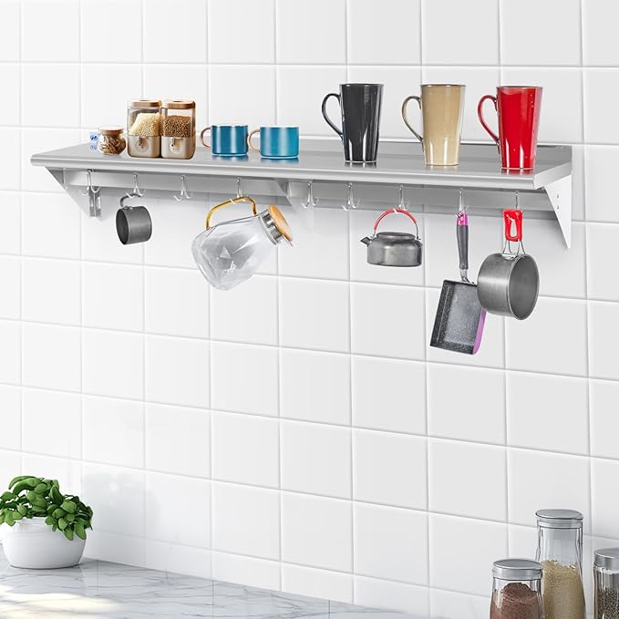 Hally Stainless Steel Shelf with 9 Hooks 18" x 60" Wall Mounted Pot Rack 450lb, NSF Commercial Floating Shelving for Storage Hanging Pots, Pans, cookware in Restaurant, Kitchen, Home and Hotel