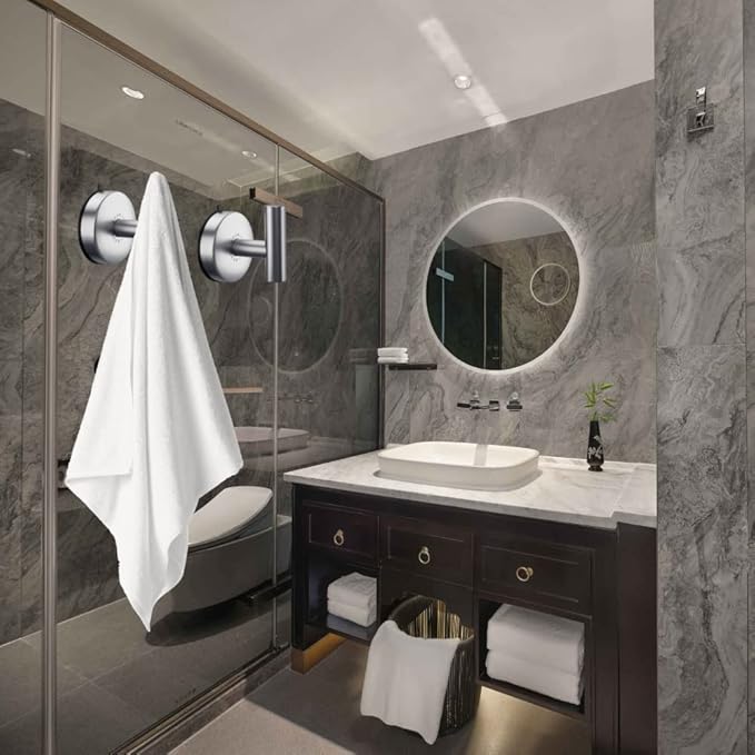 DGYB Large Suction Cup Hooks - Set of 2 Brushed Nickel Towel Hooks for Bathrooms - Stainless Steel Suction Shower Hooks - 15 Lb Removable Wall Hooks for Hanging Heavy Duty