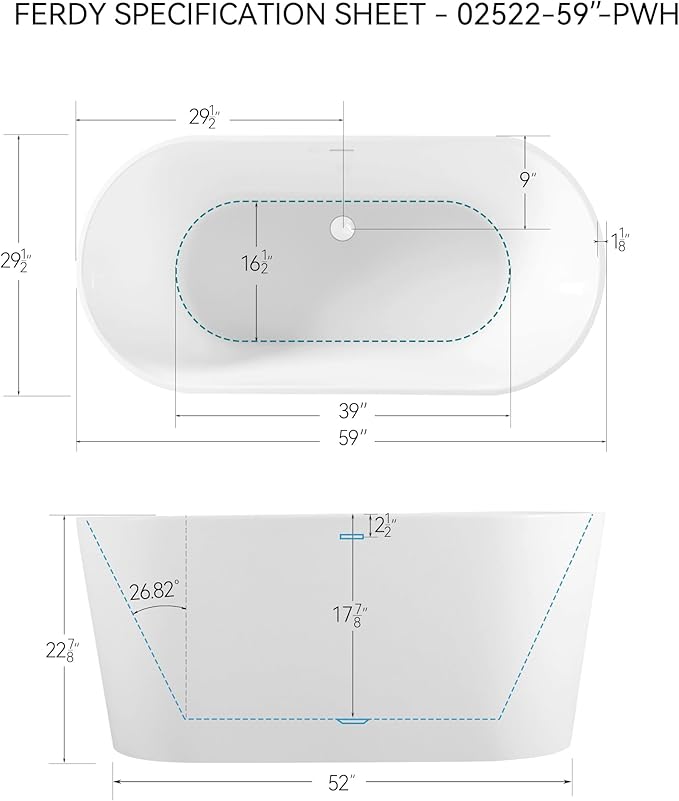 FerdY Shangri-La 59" Acrylic Freestanding Bathtub, Gracefully Shaped Soaking Bathtub, Glossy White, cUPC Certified, Polishe White Drain & Minimalist Linear Design Overflow Included, 02522