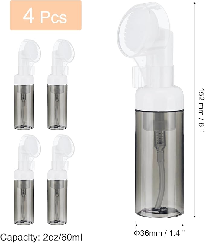 uxcell 4Pcs Empty Foaming Soap Dispenser, 2oz / 60ml Facial Cleanser Foam Bottle with Brush for Hand Soap, Shampoo, Shower Gel, Clear Black