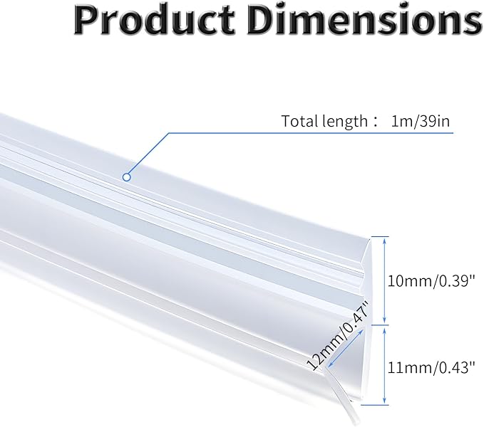 Shower Door Side Seal Strip,39 Inch H-Type Frameless Shower Door Seal, H-Type Shower Door Sweep for 15/32"(12mm) Thick Glass