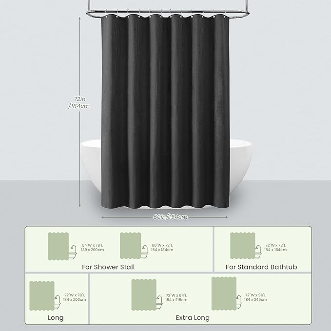 Inhousolu Fabric Shower Curtain Waffle Weave, 230 GSM Heavy Duty, Weighted Hem, 12 Metal Hooks, Water Repellent, Machine Washable, Hotel Spa Luxury Bath Curtain Set, 60 x 72 Inch, Black