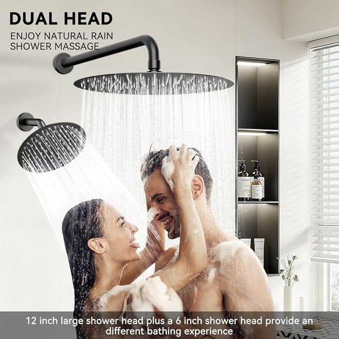 Shower Systems STARBATH 12+6" Round Dual Rainfall Shower Head with Handheld Spray for Two People, Wall Mounted 3 Way Rain Shower Faucet Sets Complete, Included Valve and Trim Kit, Matte Black