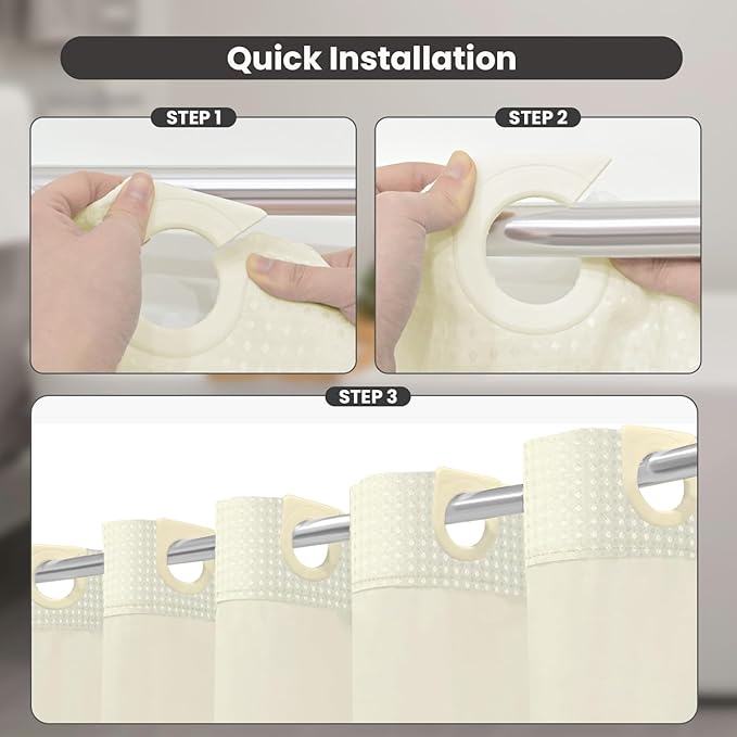 Inhousolu No Hook Shower Curtain with Snap in Fabric Liner Set Waffle Weave 230GSM Weighted Hem, Waterproof & Washable Bathroom Curtain Spa Luxury with Mesh Top Window 72" W x 72" L Ivory