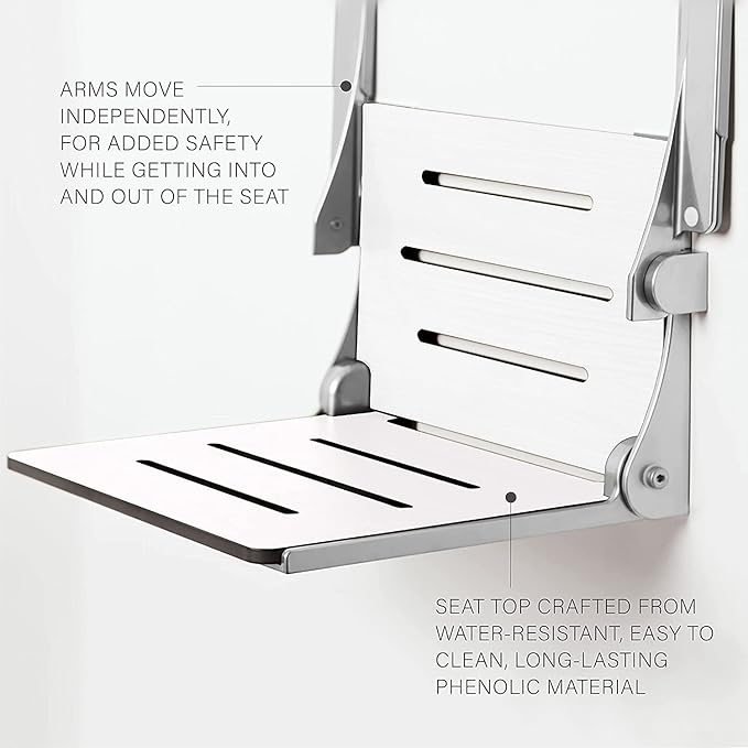 Seachrome Silhouette Comfort Folding Wall Mount Shower Bench Seat with Arms, White Seat with Matte Black Frame
