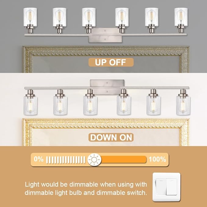 6-Lights Bathroom Vanity Light Fixtures with Seeded Glass Lampshades, 45.3-Inches Length Modern Brushed Nickel Wall Light Fixture for Kitchen Bathroom Lighting