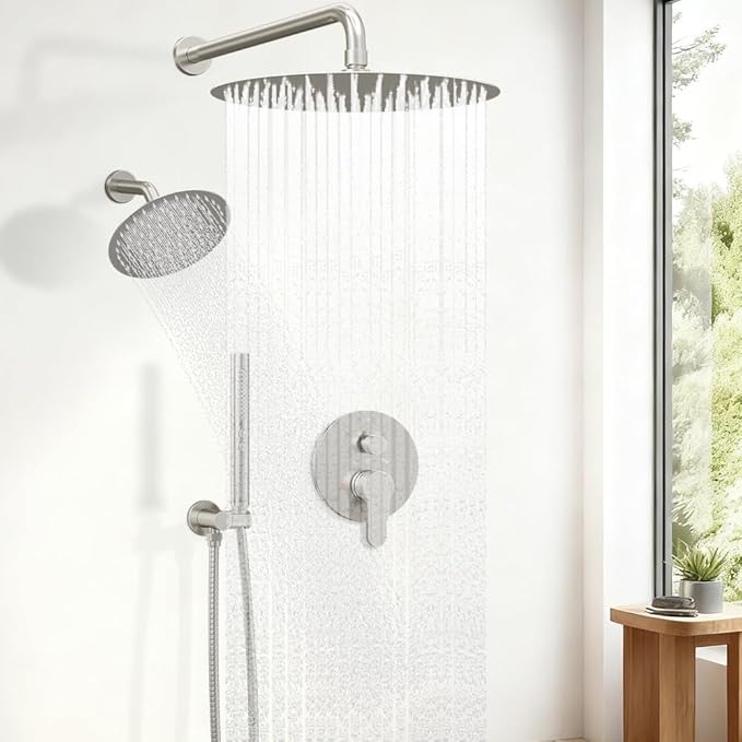 Shower Systems STARBATH 12+6" Round Dual Rainfall Shower Head with Handheld Spray for Two People, Wall Mounted 3 Way Rain Shower Faucet Sets Complete, Included Valve and Trim Kit, Brushed Nickel