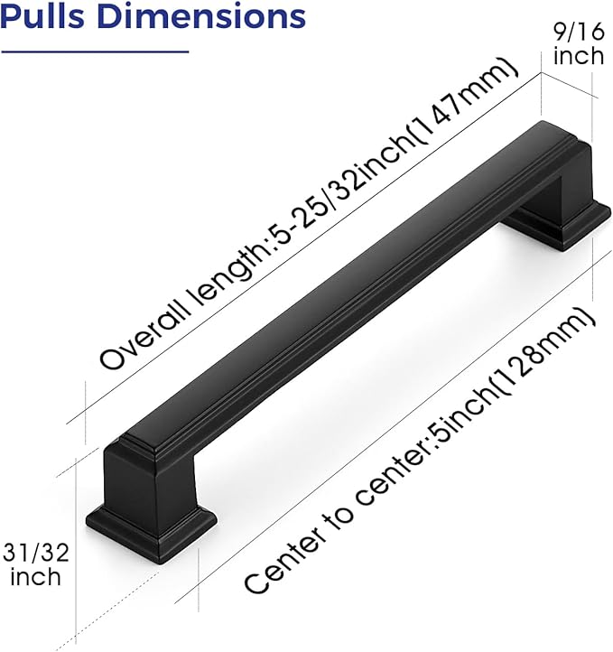 Ravinte Hardware 25 Pack Matte Black Cabinet Pulls, 5 Inch (128mm) Hole Center Zinc Alloy Drawer Handles for Kitchen Cabinets, Cupboards, Dressers, Square Solid Metal Hardware