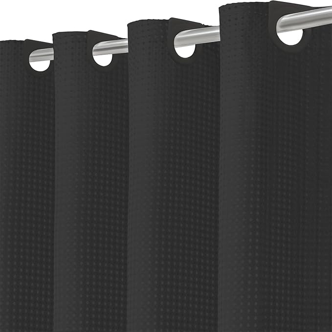 Inhousolu No Hook Waffle Weave Shower Curtain with Removable Snap in Fabric Liner Set for Bathroom, 230 GSM Heavy Duty Weighted Hem, Water Repellent Washable Bath Curtains, 72 x 72 Inch, Black