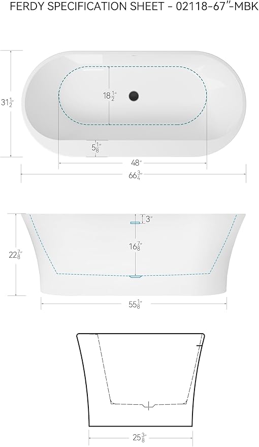 FerdY Mauritius 67" Acrylic Freestanding Tub, Oval Contemporary Soaker Tub, Extra Deep Bathtub, Matte Black Drain and Minimalist Linear Design Overflow, Modern White Bathtub, cUPC Certified