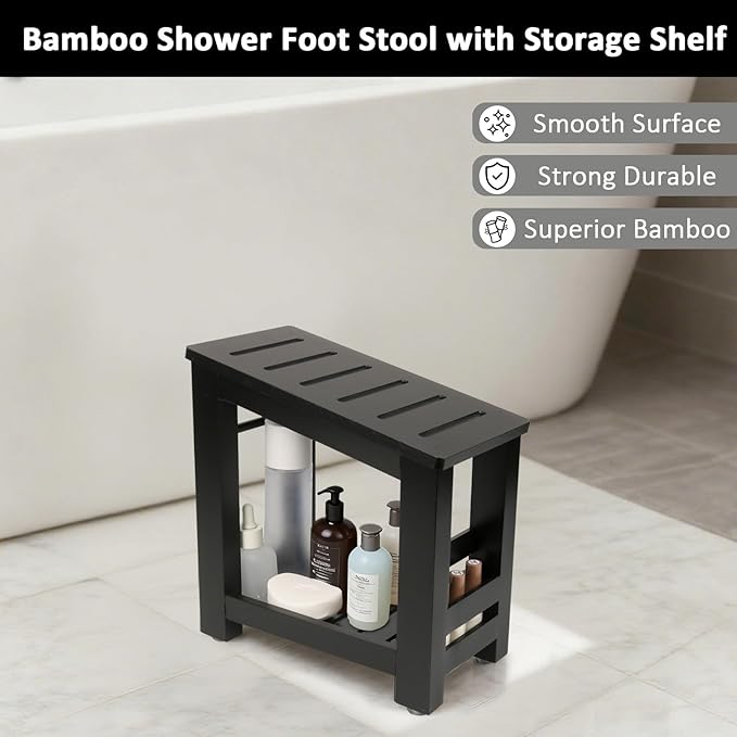 Shower Foot Rest, Small Bamboo Foot Stool with Storage Shelf, Shower Stool for Shaving Legs, No Assembly Required, Natural (Black)