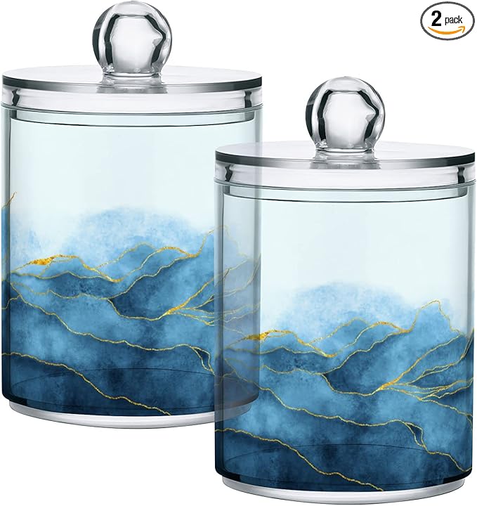 MNSRUU 2 Pack Qtip Holder Organizer Dispenser Blue Watercolor Marble Bathroom Storage Canister Cotton Ball Holder Bathroom Containers for Cotton Swabs/Pads/Floss