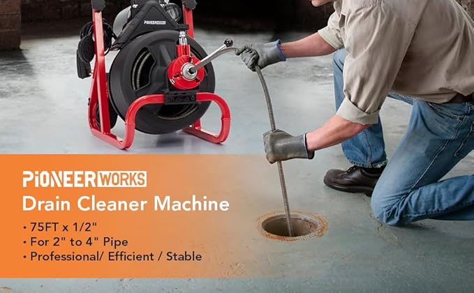 Heavy Duty Electric Drain Cleaner Machine, 75 Ft x 1/2 Inch Sewer Snake, 370w Auto-Feed, 6 Interchangeable Cutters, Gloves, Portable Pipe Cleaning Tool for 2-4 Inch Pipes
