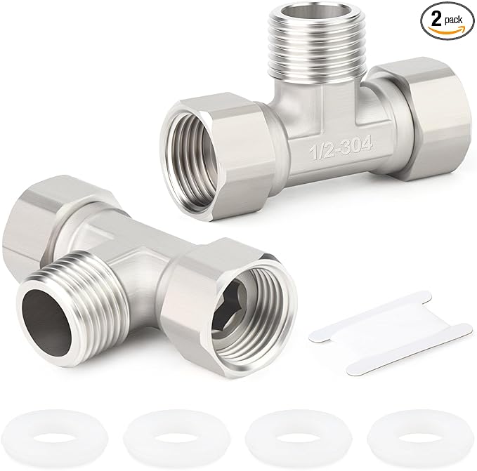 TAISHER 2PCS 304 Stainless Steel 3 Way Left&Right 2 Ends Flexible Movable Tee Connector, 1/2" Male for Sprayer, Angled Valve, Shower Arm