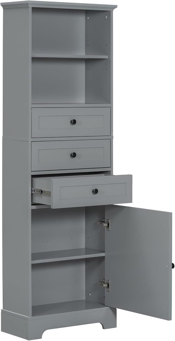 Favfurish 67" Tall Bathroom Storage Cabinet with Door and 3 Drawers,Modern Linen Cabinets w/Adjustable Shelf & 2-Tier Open Shelves,Freestanding Organizer for Bath Room,Study,Office,Grey
