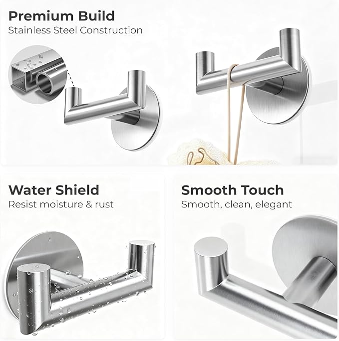 2 Pack Brushed Nickel Bathroom Hooks for Towels - Self Adhesive Double Hooks for Wall, No Drilling, Stainless Steel 304, Strong Hold for Robes, Coats, Shower Use