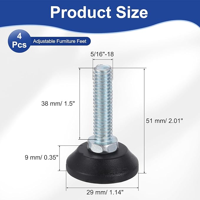 uxcell 5/16"-18 Thread Furniture Feet Levelers, 4Pcs 38mm l Adjustable Furniture Feet Screw in Threaded Leveling Leg Screw on Chair Foot Glides Leveling for Table Chair Cabinet Black