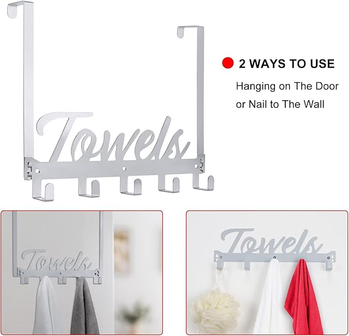 Over The Door Hooks, Towel Hook Towel Holder Over Door Towel Hanger Door Hanger with 5 Coat Hooks Towel Rack for Bathroom Bedroom Kitchen, Chrome