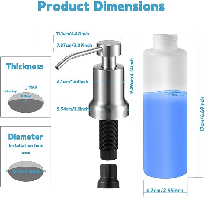 Foaming Soap Dispenser for Kitchen Sink, Kitchen Bathroom Soap Dispenser Pump, Foaming Hand Soap Dispenserr, Stainless Steel Foam Soap Dispenserr with 21oz Under Counter Plastic Bottle