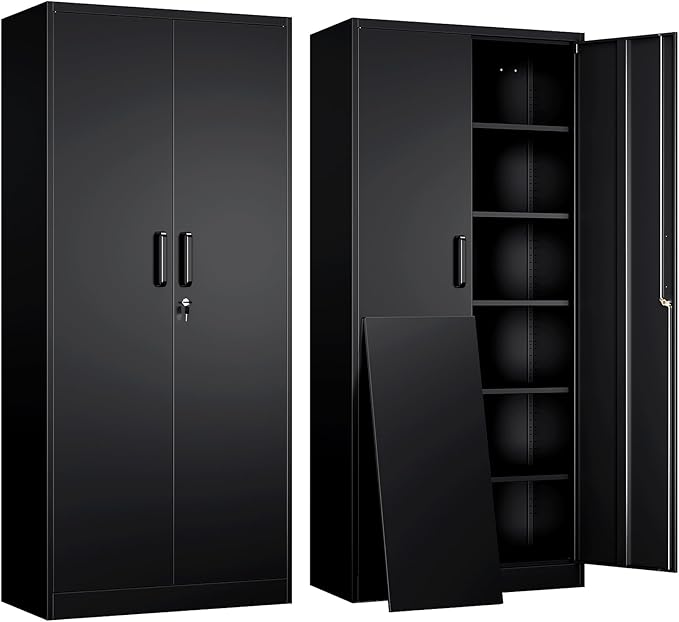 Yizosh Metal Garage Storage Cabinet with 2 Doors and 5 Adjustable Shelves - 71" Steel Lockable File Cabinet,Locking Tool Cabinets for Office,Home,Garage,Gym,School (Black)