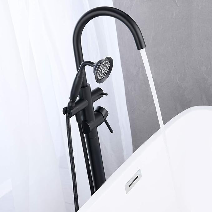 Tub Filler Freestanding Bathtub Faucet Black Floor Mounted Brass Bathroom Tub Faucets with Hand Shower